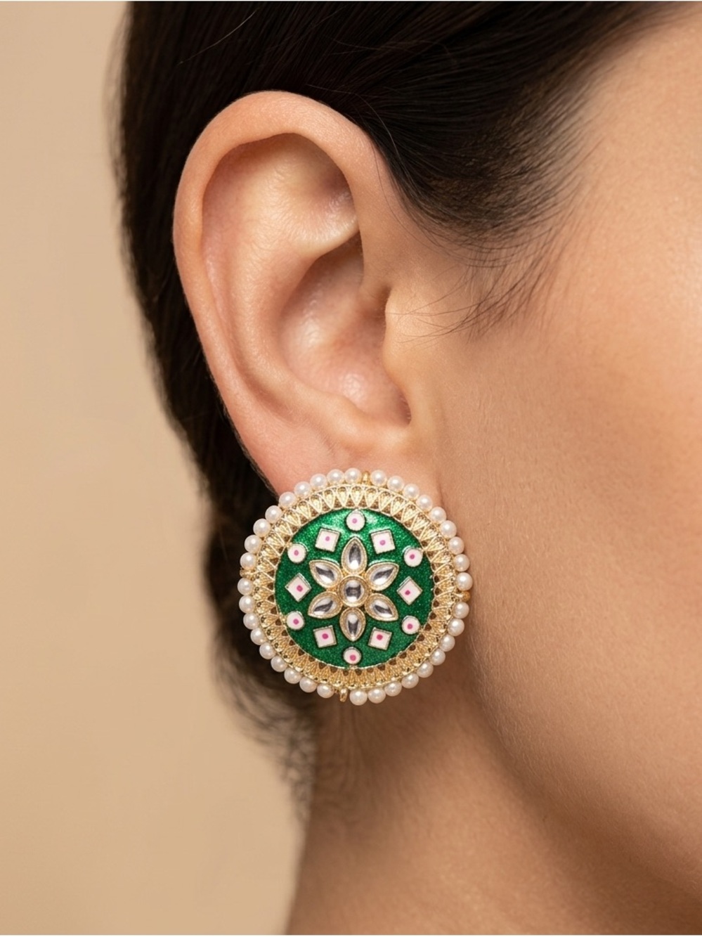 Green Meenakari Kundan Stud Earrings | Pearl Border Ethnic